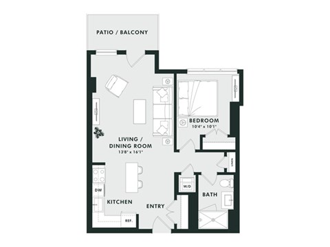 Floor plan for 1 bed, 1 bath, 717 sqft